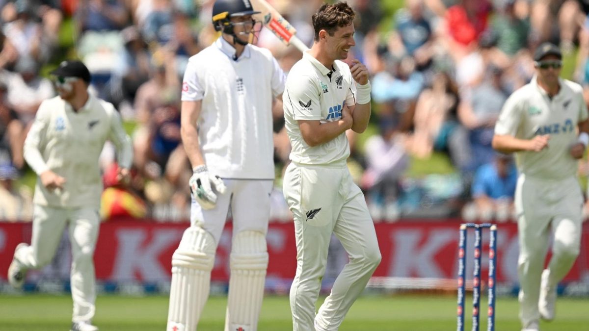 Matt Henry celebrates dismissing Zak Crawley for the fourth time in four innings