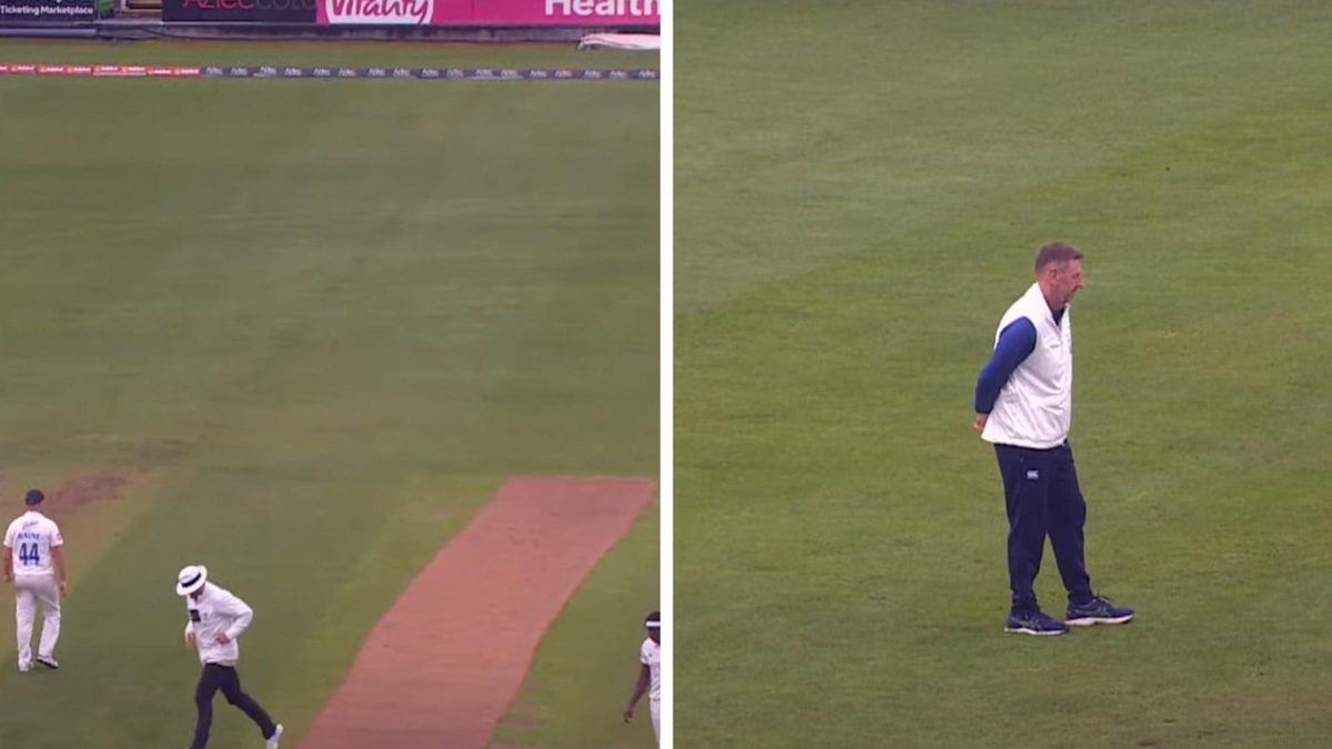 Umpire Michael Gough runs from the field for a toilet break (R), his replacement Alan Walker, Durham coach, stands at square leg (L) in the County Championship