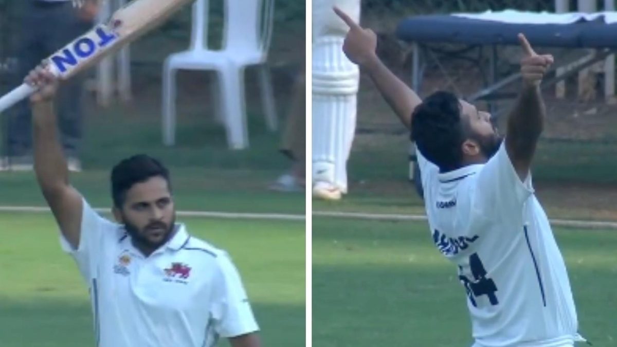 Shardul Thakur celebrates his century in the Ranji Trophy