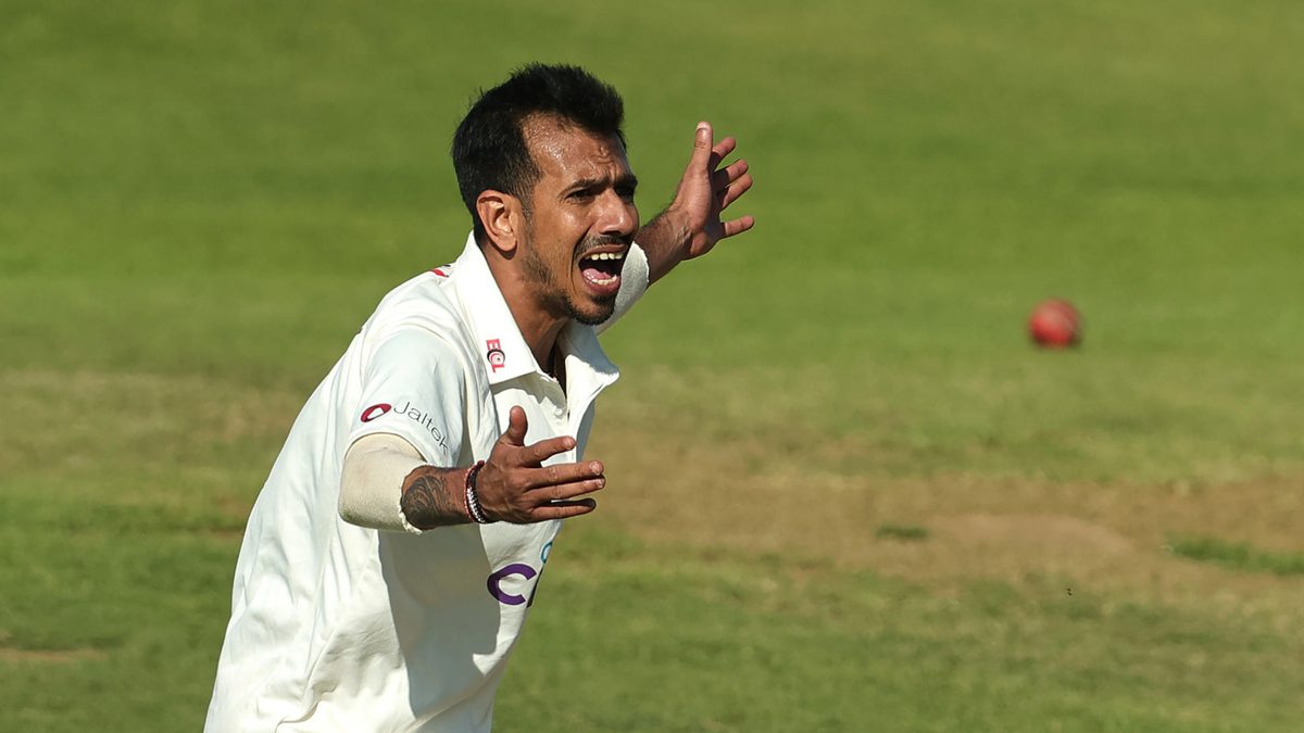 Yuzvendra Chahal of Northamptonshire celebrates during the Vitality County Championship division two match between Northamptonshire and Leicestershire at The County Ground on September 17, 2024 in Northampton, England