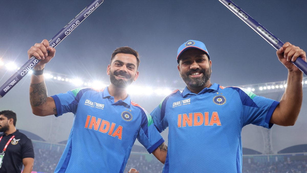 Virat Kohli of India and teammate Rohit Sharma celebrate following the team's victory in the ICC Champions Trophy 2025 Final between India and New Zealand at Dubai International Stadium on March 09, 2025 in Dubai, United Arab Emirates