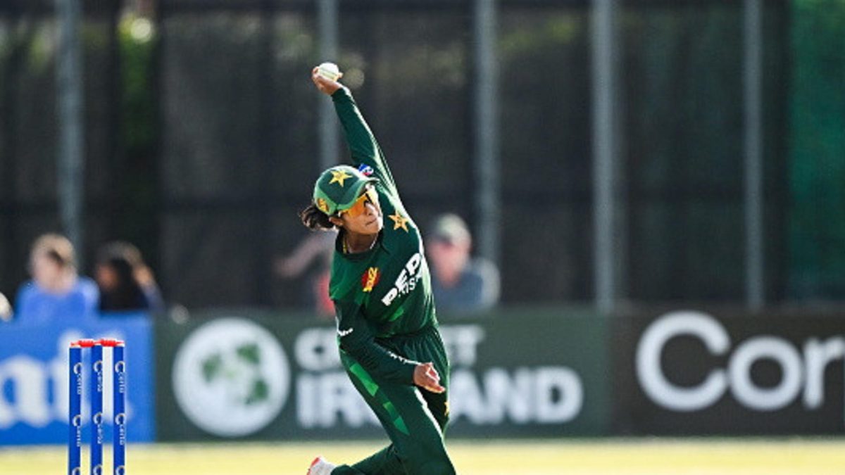 Pakistan bowler Nashra Sandhu during match two of the Women's T20 International Series between Ireland and Pakistan at Castle Avenue Cricket Ground in Dublin