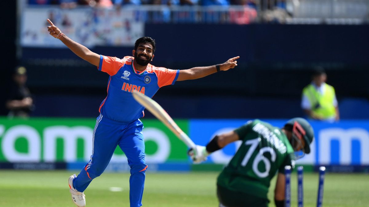 asprit Bumrah of India celebrates taking the wicket of Mohammad Rizwan of Pakistan during the ICC Men's T20 Cricket World Cup West Indies & USA 2024 match between India and Pakistan at Nassau County International Cricket Stadium on June 09, 2024 in New York, New York