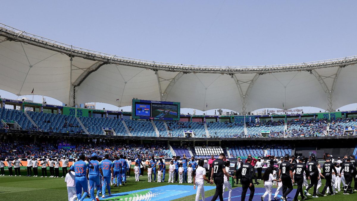 A general view of the inside of the stadium as players of India and New Zealand walk out on to the pitch prior to the ICC Champions Trophy 2025 match between New Zealand and India at Dubai International Cricket Stadium on March 02, 2025 in Dubai, United Arab Emirates