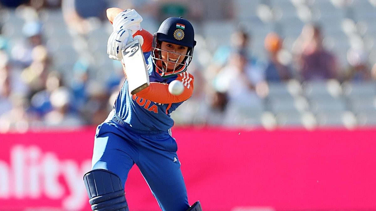 Smriti Mandhana plays a shot during the final T20I of the series in England