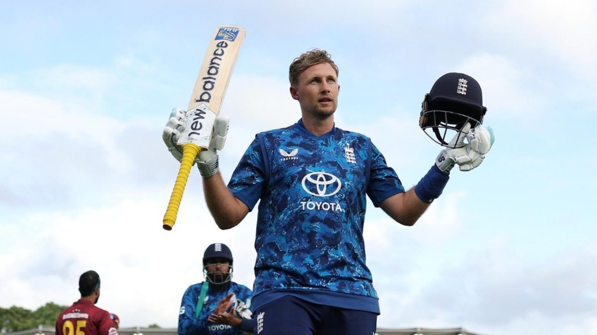 Root celebrates after scoring 166 vs WI