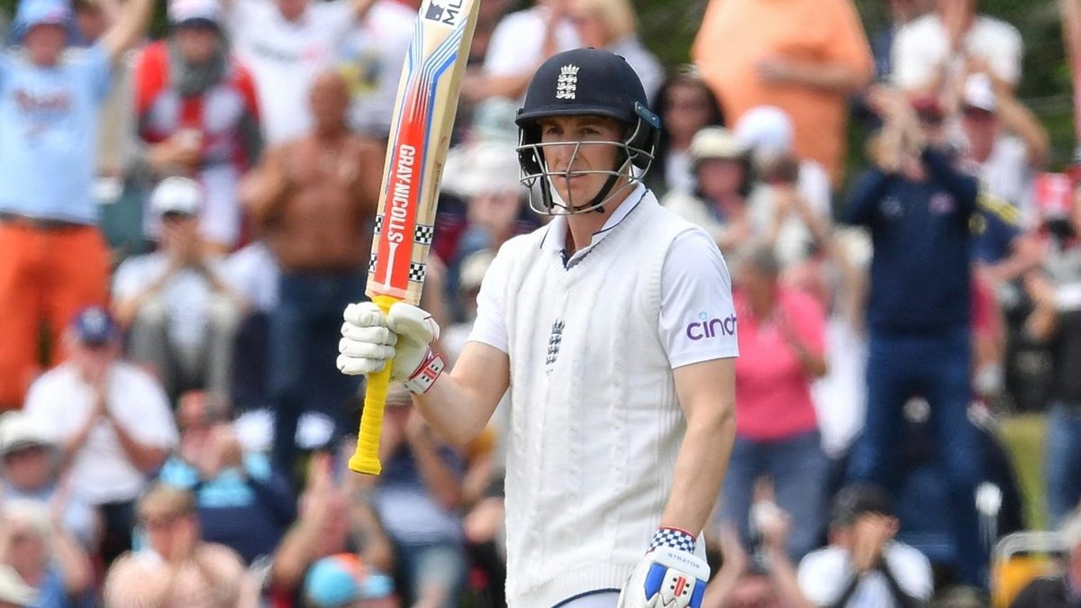 Harry Brook raises his bat for his half-century during the innings in which he reached 2,000 Test runs