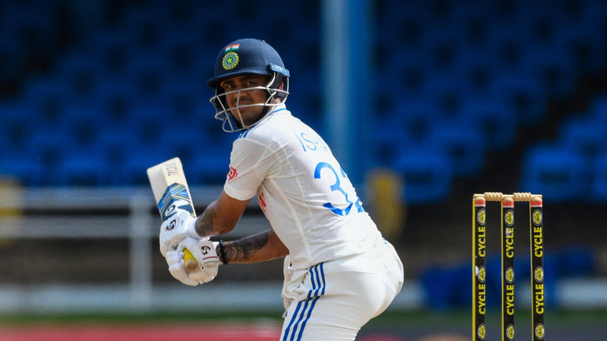 Ishan Kishan, of India, hits 4 during the fourth day of the second Test cricket match between India and West Indies at Queen's Park Oval in Port of Spain, Trinidad and Tobago, on July 23, 2023