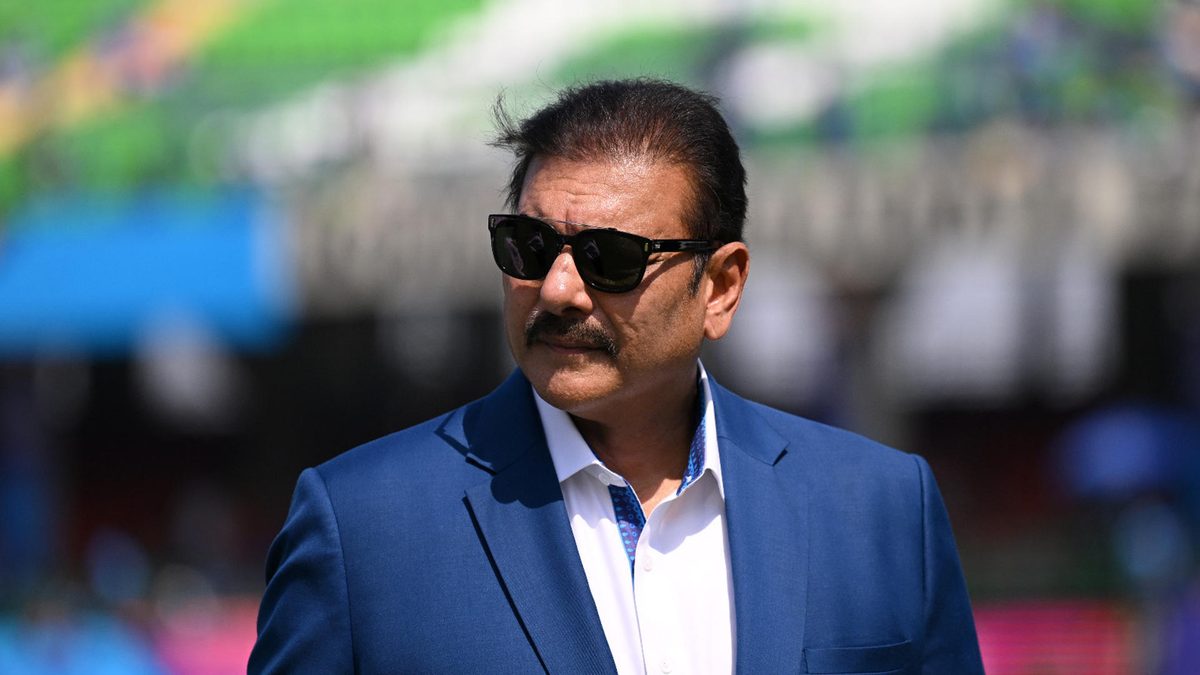 Commentator Ravi Shastri looks on during the ICC Men's Cricket World Cup India 2023 between India and Afghanistan at Arun Jaitley Stadium on October 11, 2023 in Delhi, India