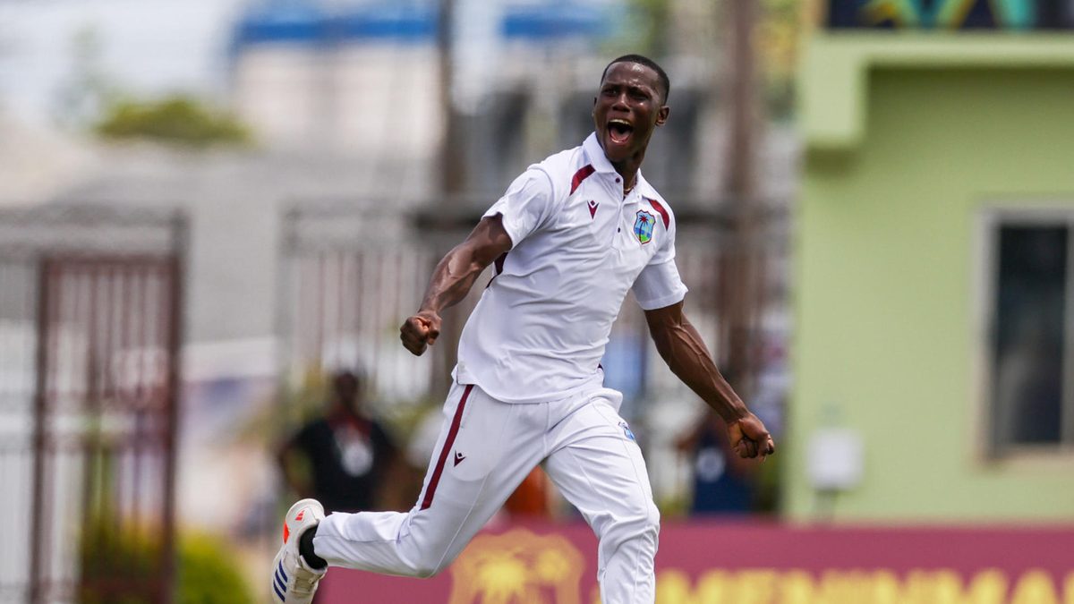 Shamar Joseph of West Indies celebrates during the day 1 of the 2nd Test match between West Indies and South Africa at Guyana National Stadium on August 15, 2024 in Georgetown, Guyana