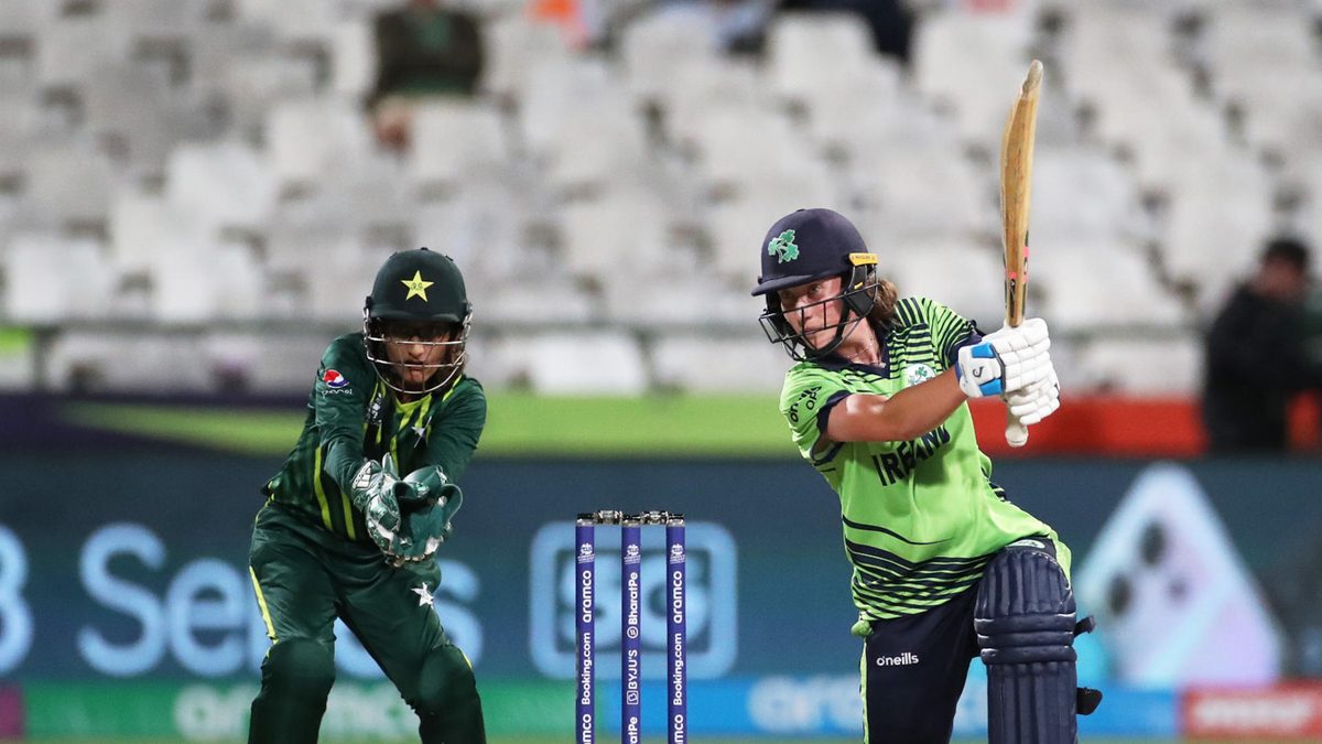 Orla Prendergast of Ireland plays a shot during the ICC Women's T20 World Cup group B match between Pakistan and Ireland at Newlands Stadium on February 15, 2023 in Cape Town, South Africa