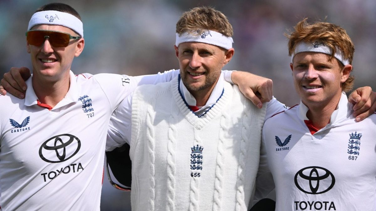 Ollie Pope, Joe Root and Harry Brook at The Oval before the final Anderson-Tendulkar Test