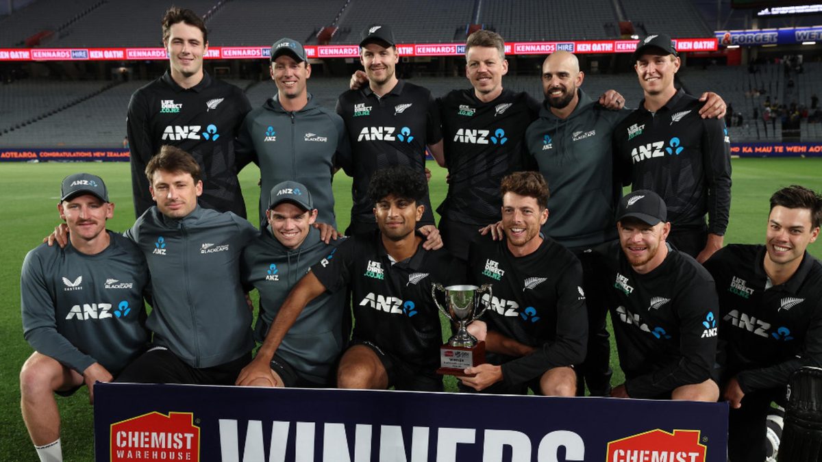 New Zealand win the one day series during game three of the Men's ODI series between New Zealand and Sri Lanka at Eden Park, on January 11, 2025, in Auckland, New Zealand