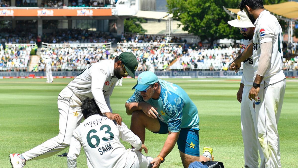 Saim Ayub of Pakistan injured during day 1 of the 2nd Test between South Africa and Pakistan at World Sports Betting Newlands Cricket Ground on January 03, 2025 in Cape Town, South Africa