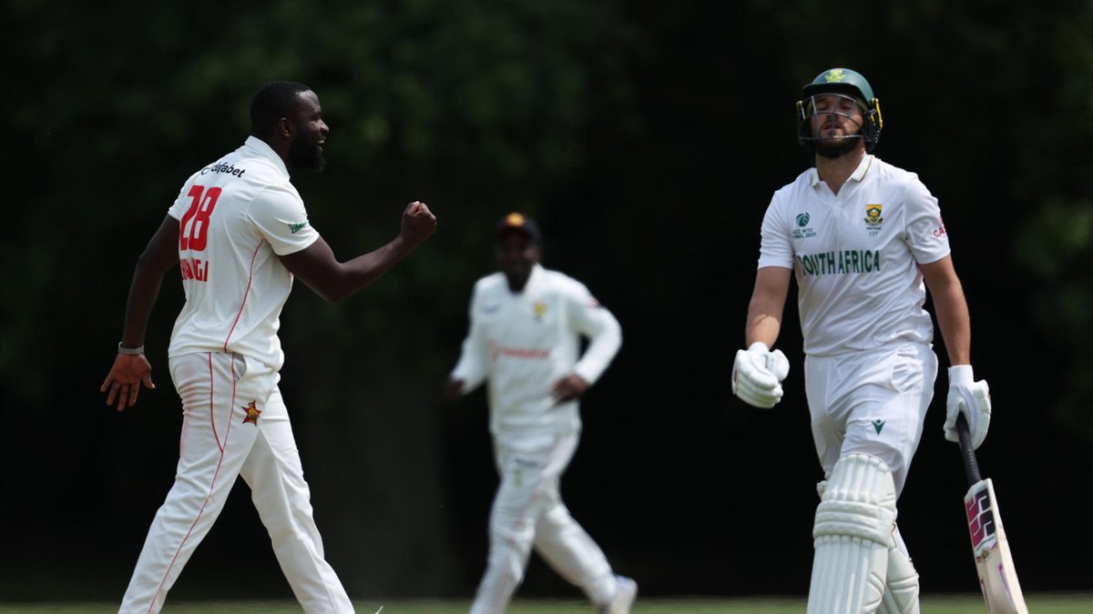 Tanaka Chivanga of Zimbabwe celebrates bowling Wiaan Mulder of South Africa LBW during a warm up match between South Africa and Zimbabwe ahead of the ICC World Test Championship Final 2025 on June 04, 2025 in Arundel, England