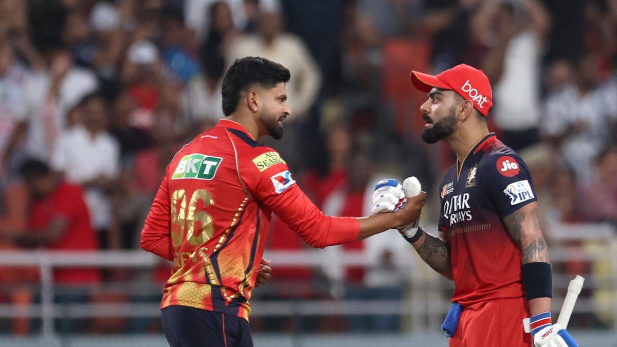 Virat Kohli of Royal Challengers Bengalurucelebrate his team's win Punjab Kings during the 2025 IPL match between Punjab Kings and Royal Challengers Bengaluru at Maharaja Yadavindra Singh International Cricket Stadium, Mullanpur, on April 20, 2025, in Mohali, India