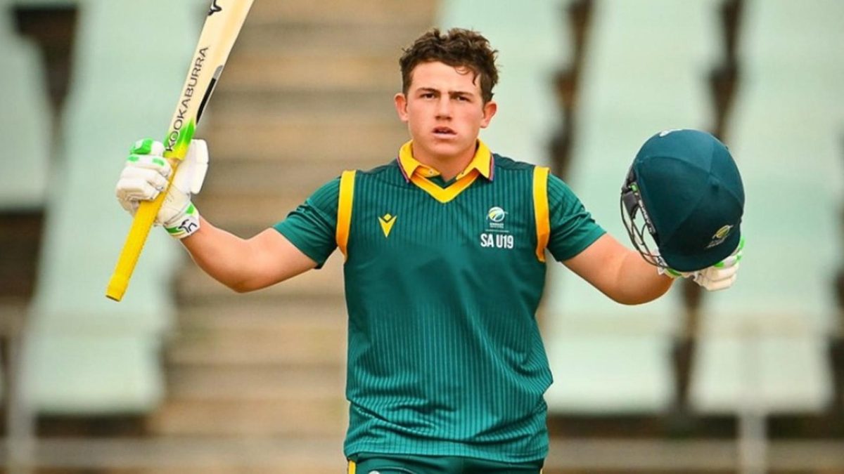 Jorich van Schalkwyk celebrates scoring the first-ever U19 double-century in a youth ODI