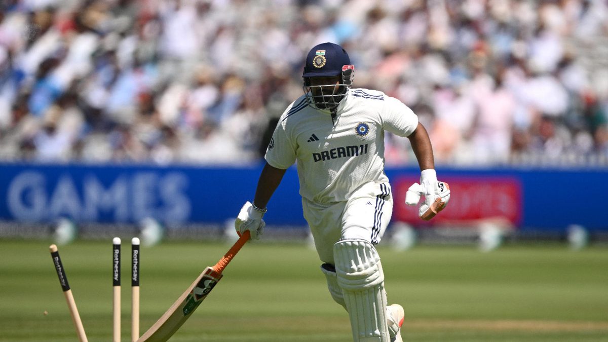 India batsman Rishabh Pant is run out by Ben Stokes during day three of the Third Test Match between England and India at Lord's Cricket Ground on July 12, 2025 in London, England