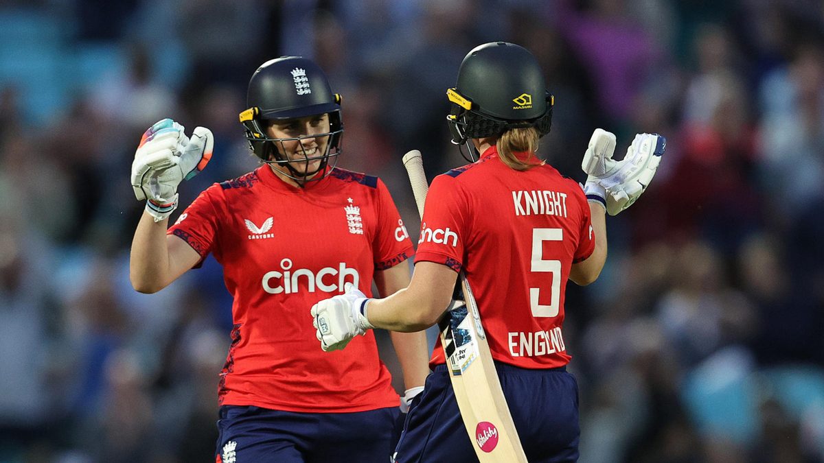 Heather Knight and Nat Sciver-Brunt of England celebrate after their victory during the 4th Women's Vitality IT20 match between England and New Zealand at the Kia Oval on July 13, 2024 in London, England