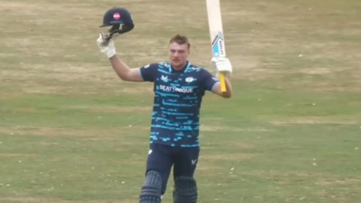 Finlay Bean celebrates his century in the One Day Cup