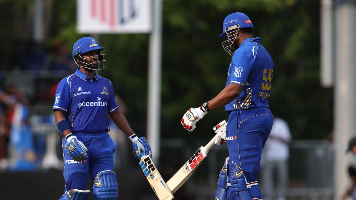 Nicholas Pooran of MI New York is congratulated by Kieron Pollard of MI New York for reaching his fifty during match one of the Cognizant Major League Cricket season 2 between the Seattle Orcas and MI New York held at the Church Street Park cricket stadium, Morrisville, North Carolina, United States of America (USA) on the 5th July 2024