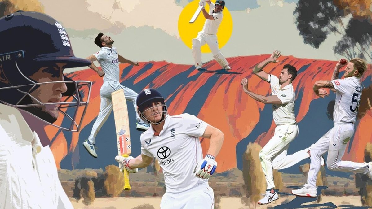 England Ashes 2025/26 collage with Harry Brook, Joe Root, Mark Wood and Ben Stokes