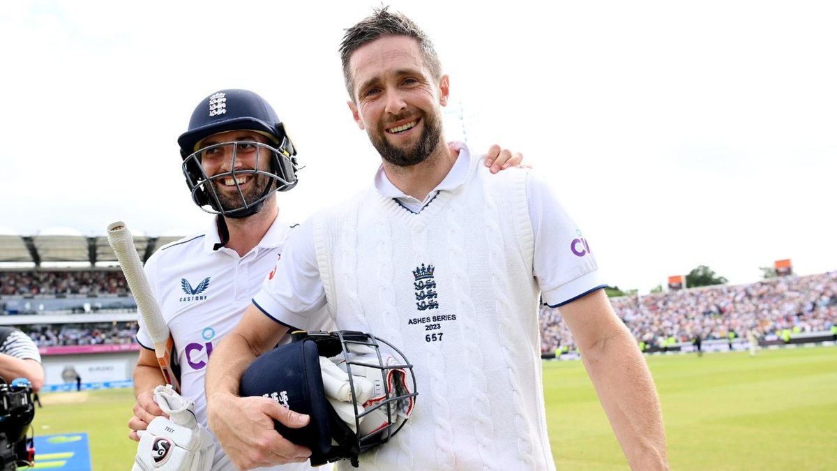 Chris Woakes leaves the field after the third Ashes Test arm in arm with Mark Wood