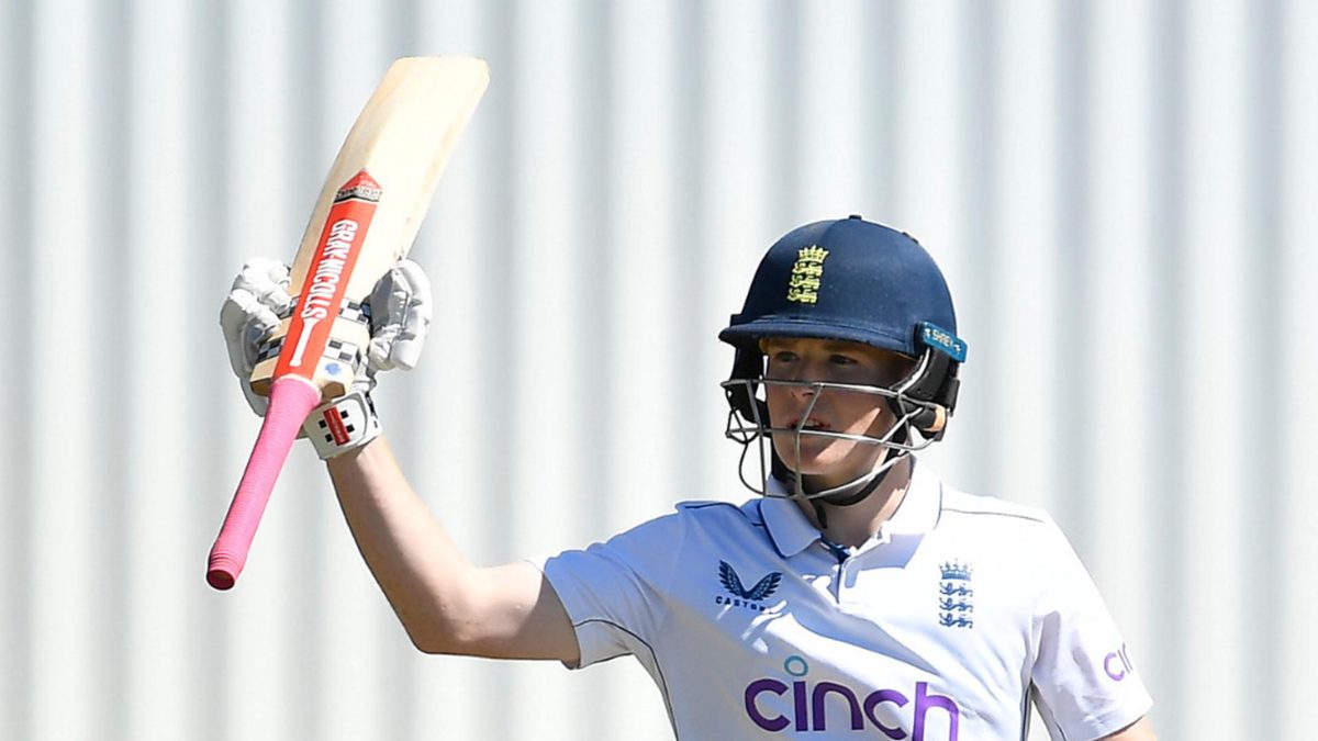 James Rew of Somerset celebrates their century during Day Two of the Rothesay County Championship Division One match between Somerset and Worcestershire at The Cooper Associates County Ground on April 04, 2025 in Taunton, England