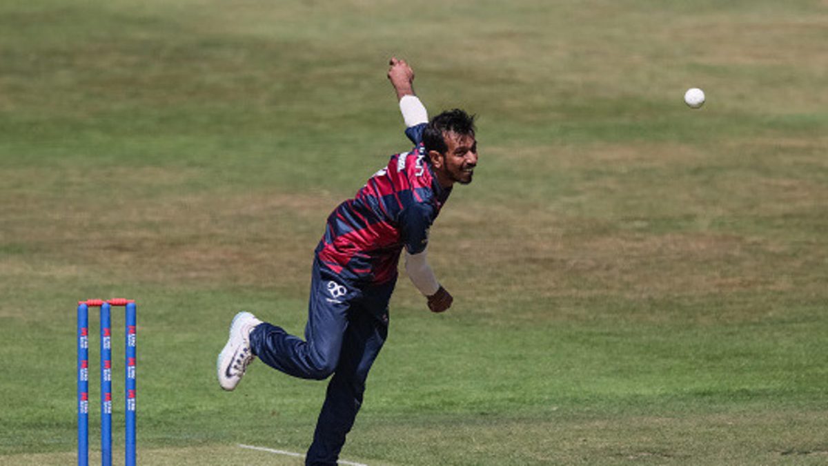 Yuzvendra Chahal of Northamptonshire in delivery stride during the Men's Metro Bank One Day Cup match between Northamptonshire Steelbacks and Yorkshire at The County Ground on August 08, 2025 in Northampton, England