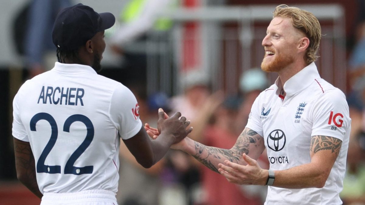 Jofra Archer and Ben Stokes celebrate a wicket in the fourth England-India Test at Old Trafford