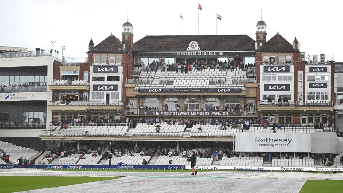Covers on the pitch as rain falls at The Kia Oval on day four of the fifth England v India Test