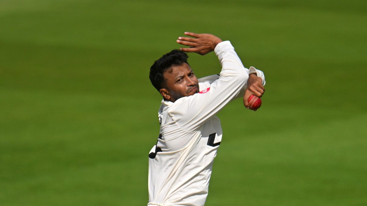 Shakib Al Hasan of Surrey in bowling action during Day One of the Vitality County Championship Division One match between Somerset and Surrey at The Cooper Associates County Ground on September 09, 2024 in Taunton, England