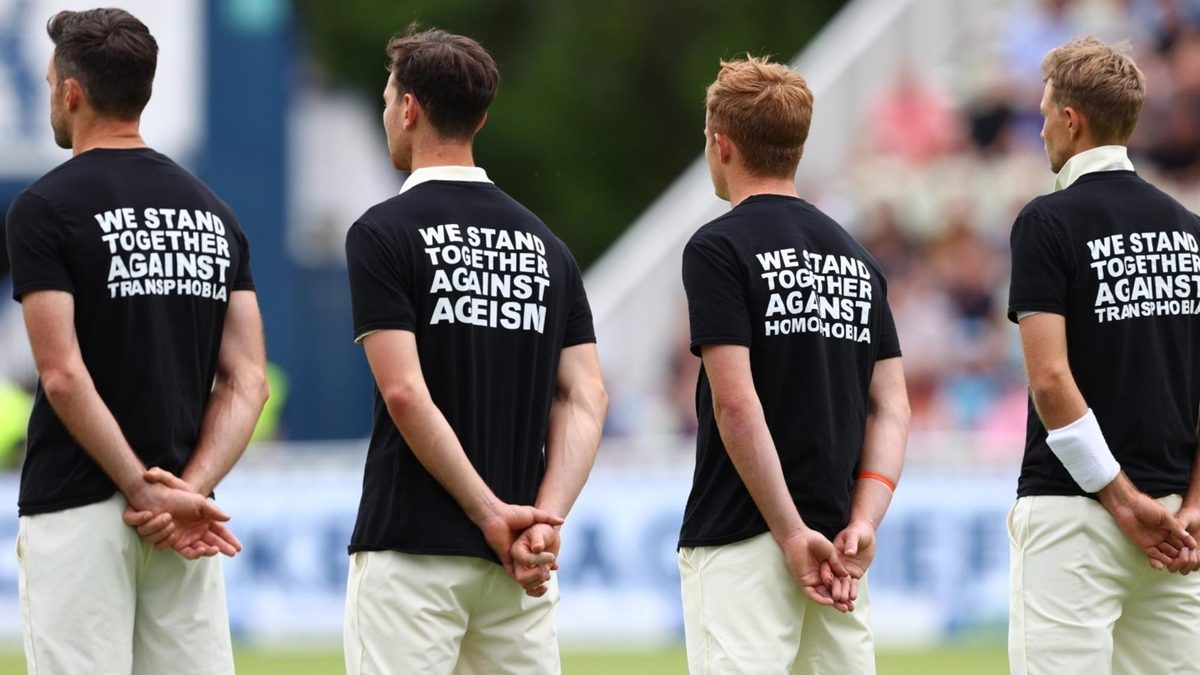 England cricketers wearing t-shirts bearing anti-discrimination slogans, including 'We stand against transphobia'