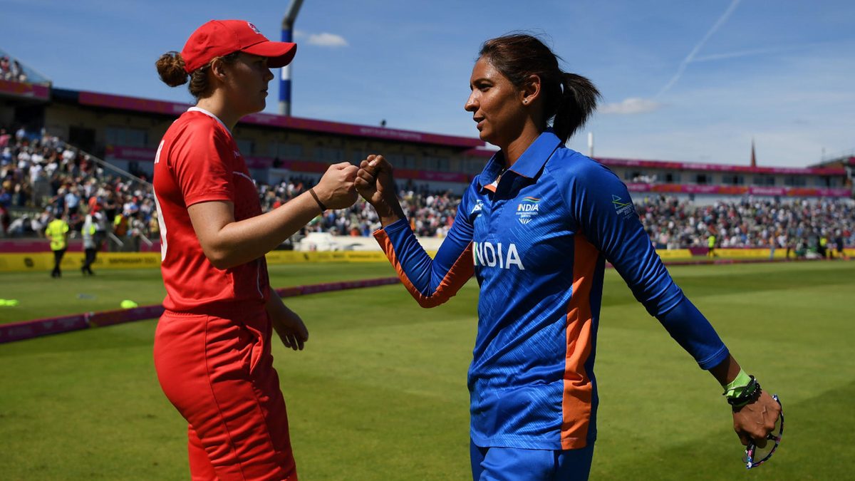Harmanpreet Kaur of Team India interacts with Nat Sciver of Team England following the Cricket T20 - Semi-Final match between Team England and Team India on day nine of the Birmingham 2022 Commonwealth Games at Edgbaston on August 06, 2022 on the Birmingham, England