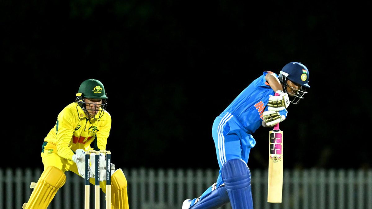Abhigyan Kundu of India bats during the Men's U19 One Day International series match between Australia and India at Ian Healy Oval on September 21, 2025 in Brisbane, Australia