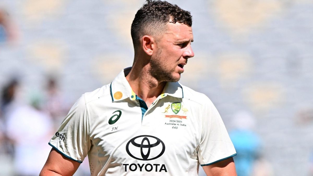 Australia fast bowler Josh Hazlewood, who has been ruled out of the second Test at Adelaide, in action during the first Test against India