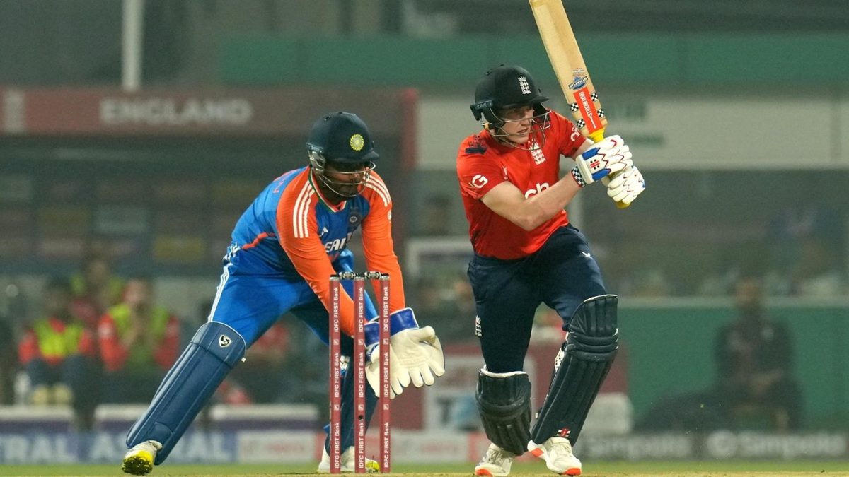 Harry Brook plays a shot during the first IND v ENG T20I 2025
