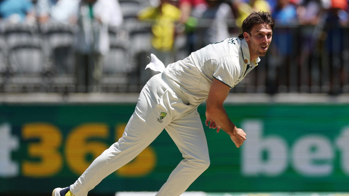 Mitch Marsh of Australia bowls during day three of the First Test match in the series between Australia and India at Perth Stadium on November 24, 2024 in Perth, Australia