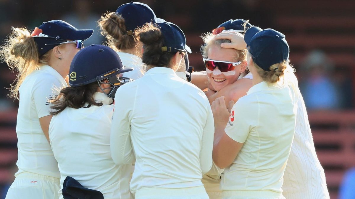 Sophie Ecclestone celebrates a wicket on Test debut
