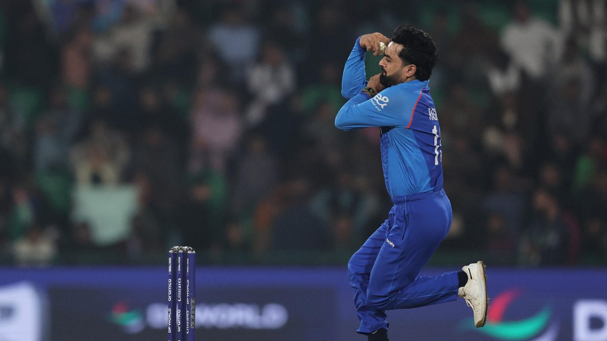 Rashid Khan of Afghanistan bowls during the ICC Champions Trophy 2025 match between Afghanistan and England at Gaddafi Stadium on February 26, 2025 in Lahore, Pakistan
