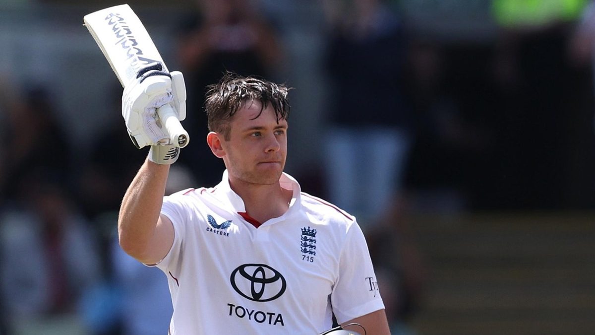 Jamie Smith celebrates during his record-breaking century against India at Edgbaston