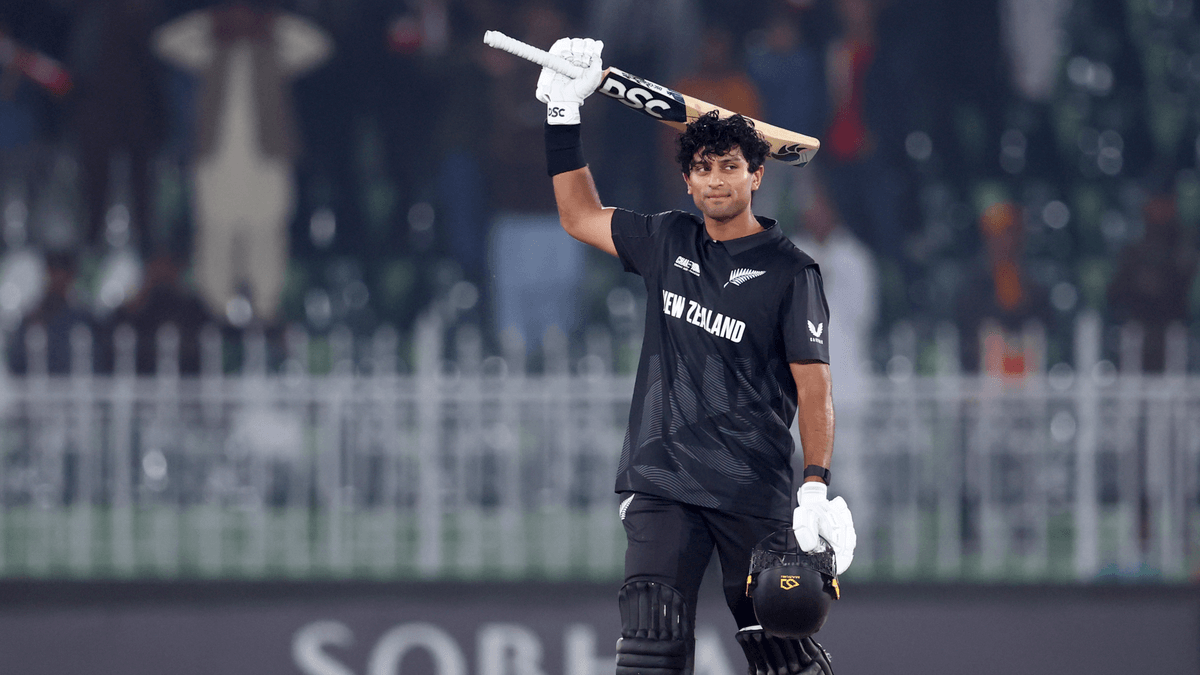 Rachin Ravindra celebrates scoring a century against Bangladesh in the 2025 Champions Trophy