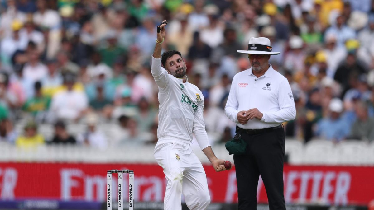 Keshav Maharaj of South Africa bowls during Day One of the ICC World Test Championship Final 2025 between South Africa and Australia at Lord's Cricket Ground on June 11, 2025 in London, England