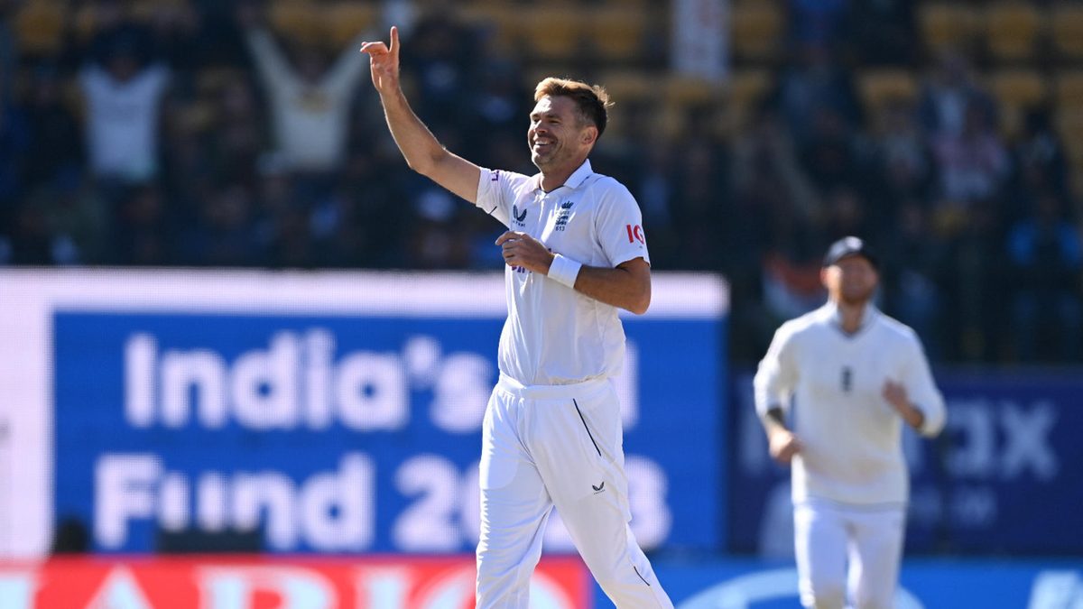 James Anderson of England celebrates dismissing Kuldeep Yadav of India to claim his 700th test wicket during day three of the 5th Test Match between India and England at Himachal Pradesh Cricket Association Stadium on March 09, 2024 in Dharamsala, India