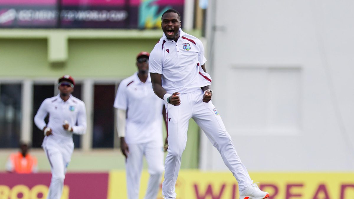 Jayden Seales of West Indies reacts during the day 1 of the 2nd Test match between West Indies and South Africa at Guyana National Stadium on August 15, 2024 in Georgetown, Guyana