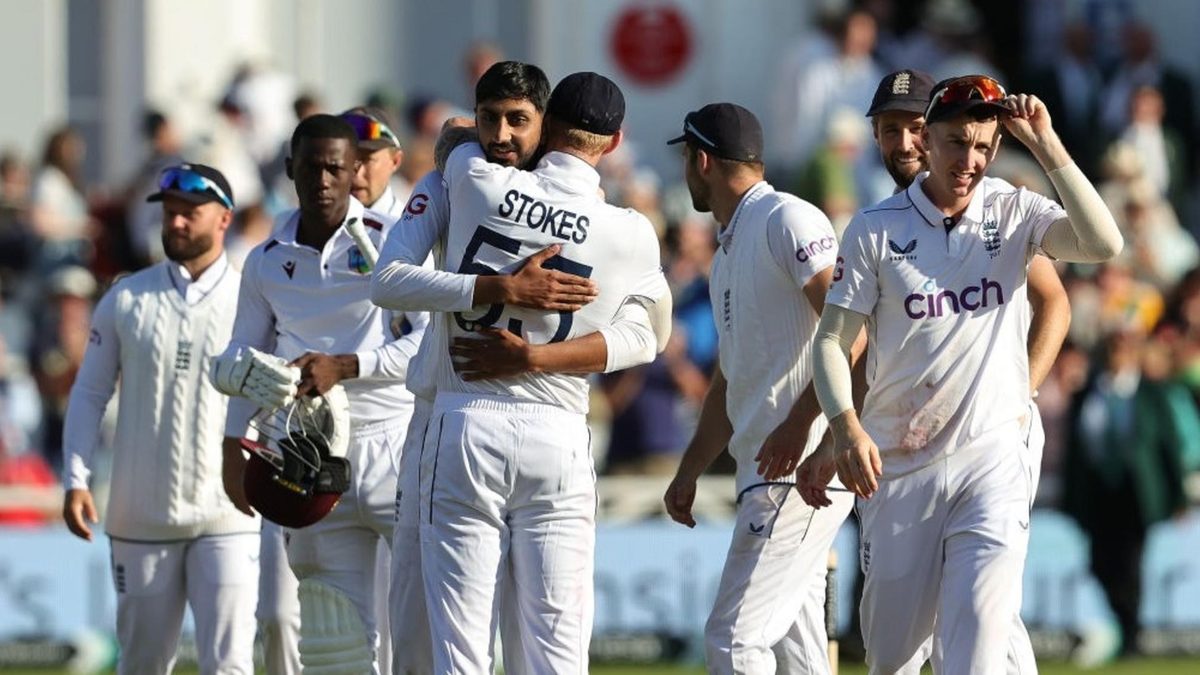 England players celebrate their series-sealing win over West Indies at Trent Bridge