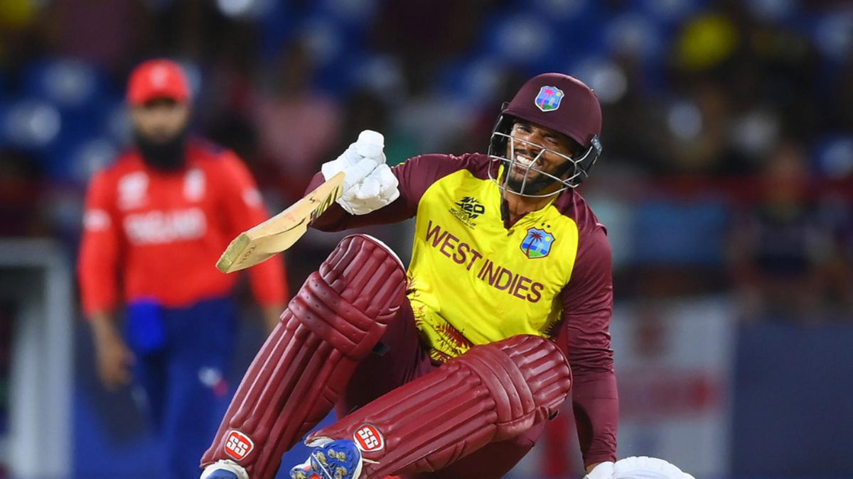 Brandon King of West Indies goes down with an injury prior to going off retired-hurt during the ICC Men's T20 Cricket World Cup West Indies & USA 2024 Super Eight match between England and West Indies at Daren Sammy National Cricket Stadium on June 19, 2024 in Gros Islet, Saint Lucia.