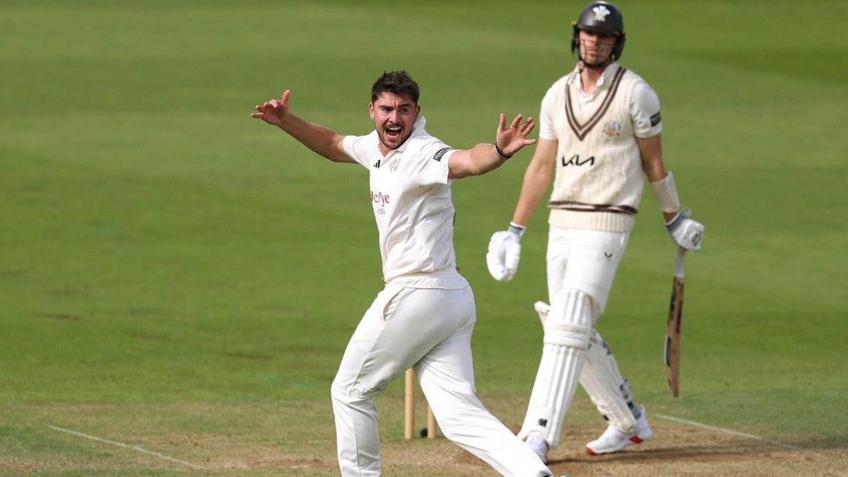 Josh Tongue celebrates taking the final wicket in The Oval Championship decider