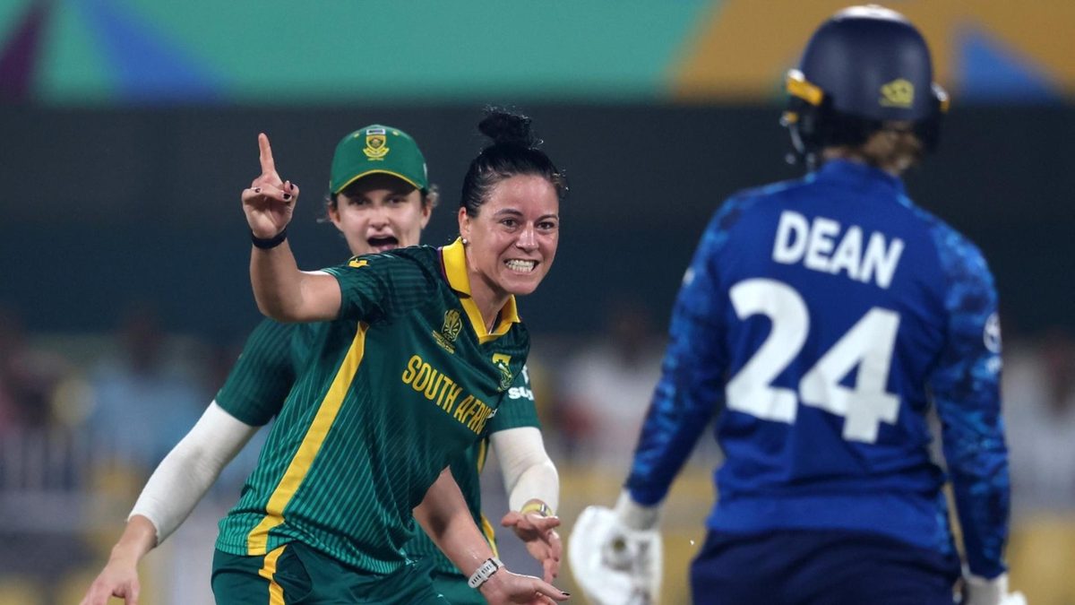 South Africa's Marizanne Kapp and Laura Wolvaardt celebrate a wicket in their Women's World Cup semi-final defeat of England