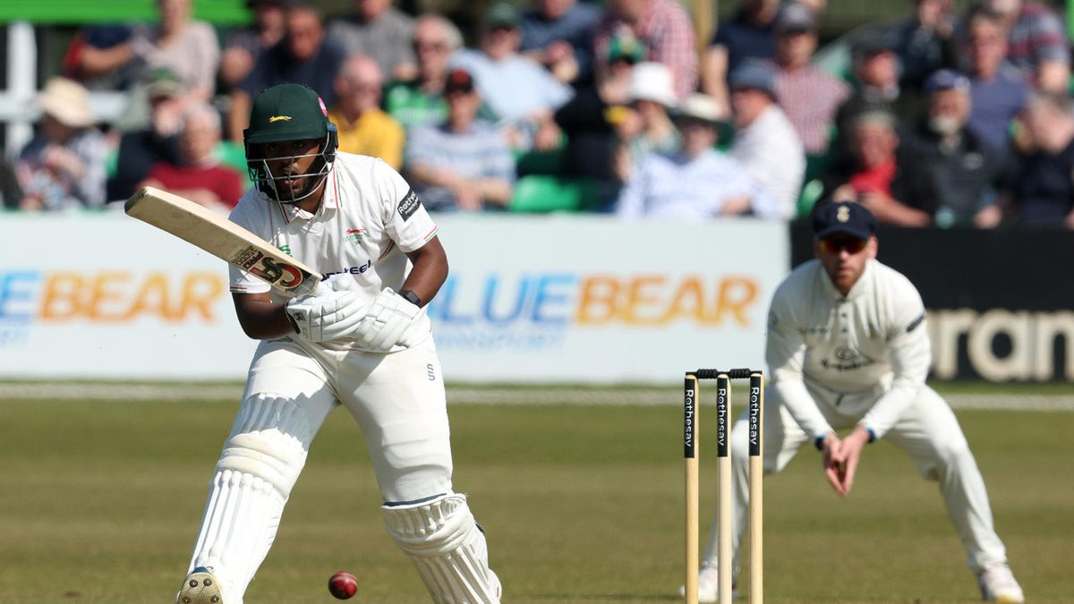 Rehan Ahmed of Leicestershire plays the ball off his legs during the Rothesay County Champion division two match between Leicestershire and Derbyshire at Uptonsteel County Ground on April 11, 2025 in Leicester, England